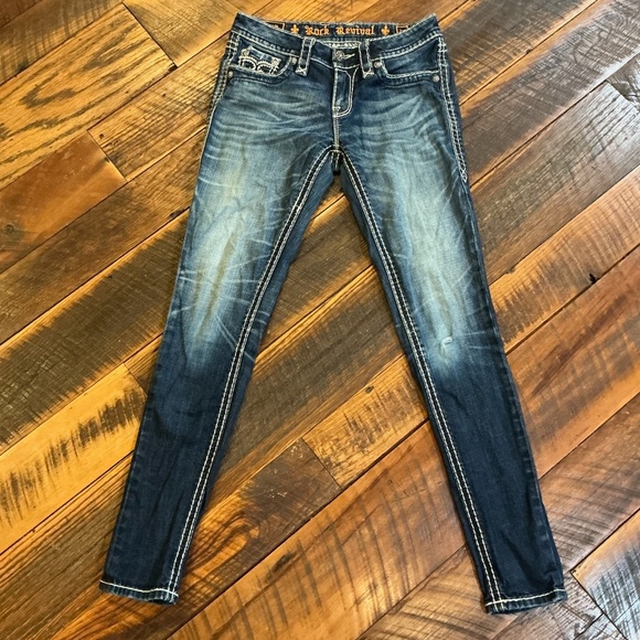 Rock Revival Sharon Skinny Jeans Dark Wash Distressed Embroidered Size 27 - Picture 3 of 12